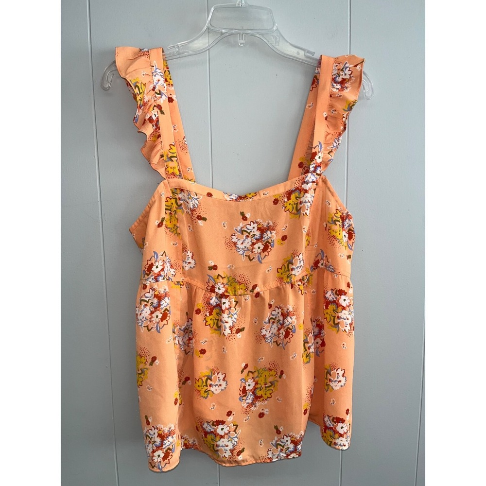 ANN TAYLOR LOFT coral red gold floral RUFFLE strap cottagecore TOP Large